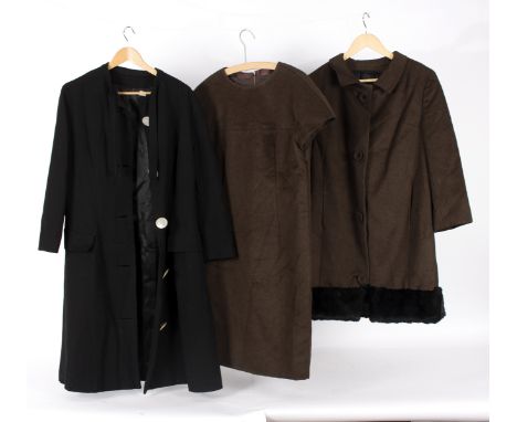 A vintage brown wool lady's two-piece suit, the mid length dress with fur trim and matching coat and a long black coat with l