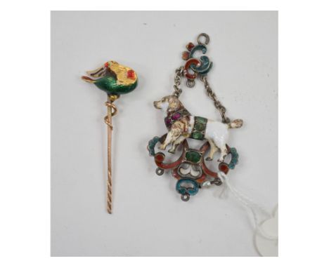 An Austro-Hungarian style enamel pendant, decorated a dog, and a similar bird stick pin (damages) (2) Condition report Report