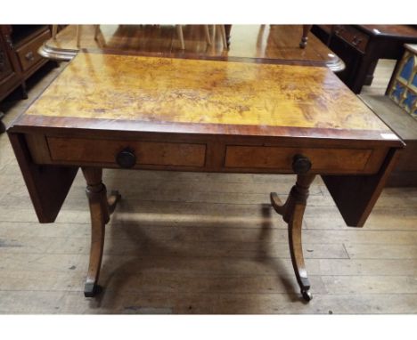 A burr walnut sofa table, crossbanded in mahogany, 156 cm wide, and a mahogany tea table (2)