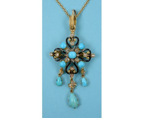 A turquoise, diamond and enamel pendant/brooch, in a yellow coloured metal mount, on an 18ct gold chain  See front cover colo