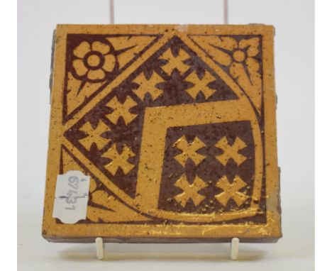 A W Godwin ceramic tile, decorated an armorial, 13.5 cm wide, other tiles, tea wares and ceramics (3 boxes) 