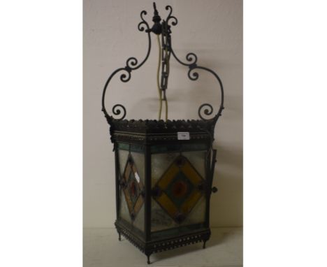A late Victorian leaded glass hanging hall lantern, adapted for electricity, 72 cm high Condition report Report by GH

Glass 