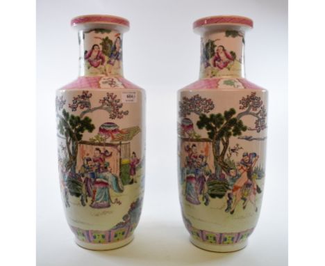 A pair of Chinese vases, decorated figures in enamel colours, 45.5 cm high (2)
