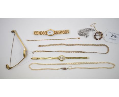 A 9ct gold three colour necklace, approx. 4.4 g, a 15ct gold, amethyst and seed pearl brooch, watches and other items (qty)