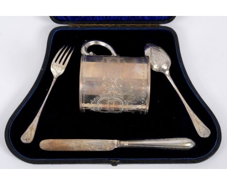 A Victorian silver christening set, comprising a tankard, inscribed, a  knife, a fork and a spoon,  Sheffield 1864/65, approx