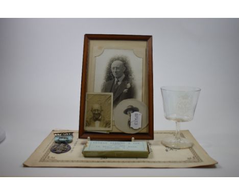 Royalty Interest: A wine glass, engraved VRI within an oval, beneath a crown, 10 cm high, and a group of items belonging to T