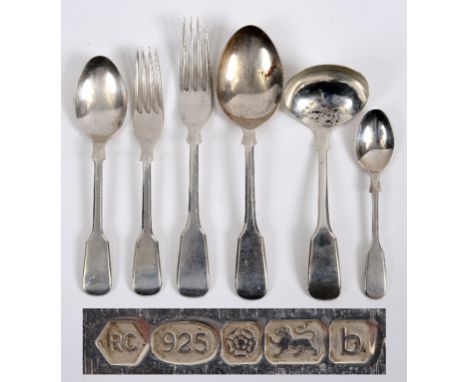 A set of silver fiddle pattern cutlery, comprising eight dessertspoons, four tablespoons, seven teaspoons, eight table forks,