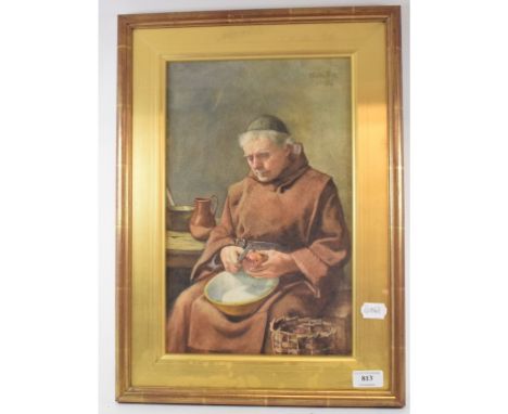 Claude Pratt, a portrait of a seated monk peeling apples, watercolour, signed and dated 1908, 37.5 x 23.5 cm