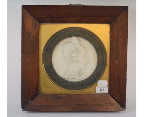 A plaster relief bust plaque, of circular form, inscribed Mary Somerville, 19 cm diameter, in a rosewood frame Condition repo