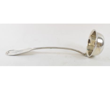 A silver coloured metal fiddle and thread pattern ladle, monogrammed, stamped Eugen Marcus 800, other silver coloured metal a