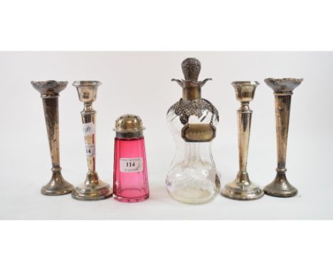 A pair of silver candlesticks, Birmingham 1923, (loaded), 17 cm high, a pair of silver posy vases, a cranberry glass sugar ca