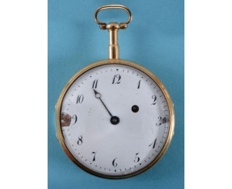 An early 19th century 18ct gold open face pocket watch, with quarter repeat, the enamel dial with Arabic numerals  See illust