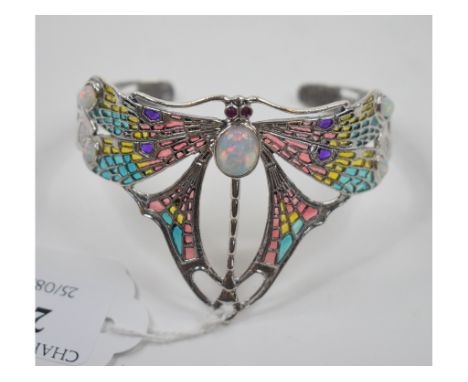 An Art Nouveau style silver and Gilson opal dragonfly bangle