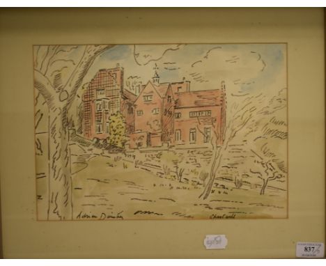 Adrian Daintrey, Chartwell, pen and ink and watercolour, titled, signed and label verso, 23 x 43.5 cm, Harold Latham, The Amb