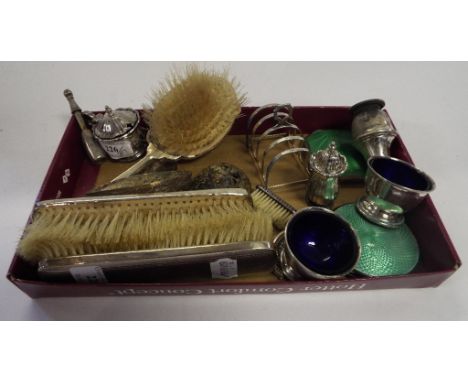 A silver and enamel compact, another similar, assorted silver condiments and items, approx. 6.1 ozt (weighable silver) (qty)