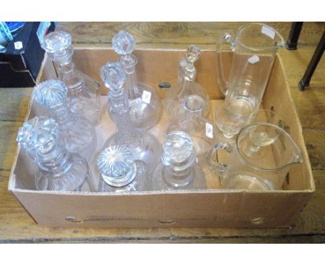 An etched glass decanter, decorated berries and foliage, 32 cm high, a glass rummer, other decanters and glass (box)