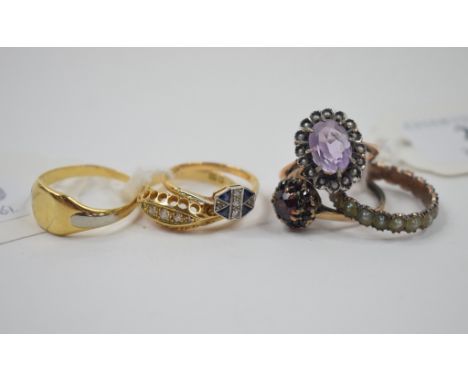 An 18ct gold and five stone diamond ring, approx. ring size M, an Art Deco style diamond and sapphire ring, and five other ri