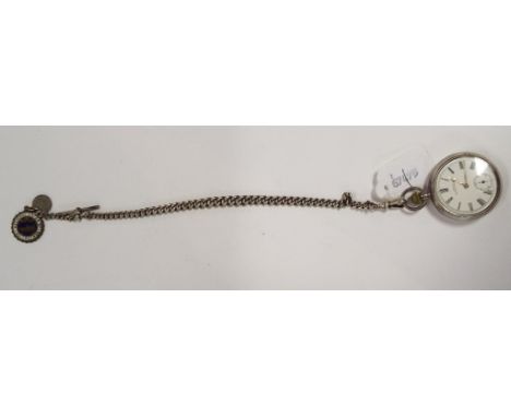 A silver open face pocket watch, on a silver Albert chain, bears a National Union of Railwaymen enamel fob