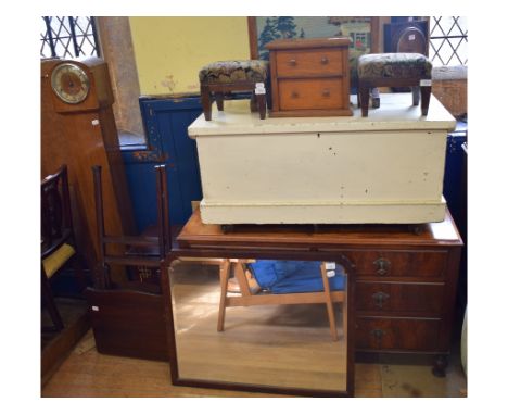 A painted pine blanket chest, 96 cm wide, a walnut dwarf longcase clock, a wall barometer, a piano stool, a work table (lacks