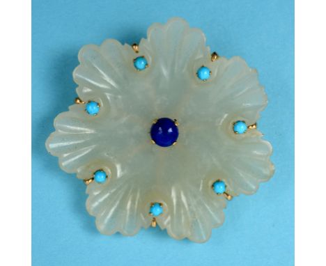 A 14ct gold and jade flowerhead brooch, set lapis lazuli and turquoise cabochons  See inside back cover colour illustration C