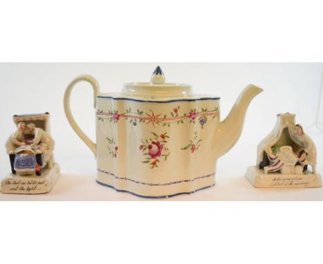 A New Hall porcelain teapot, of shaped oval form, a Samson tea caddy and cover, two fairings, and a Chinese drawing on pith p