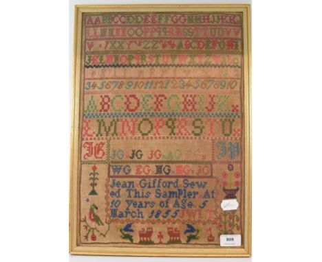 A 19th century sampler, with alphabet, numerals and motifs, by Jean Gifford Sewed This Sampler At 10 Years of Age V March 185