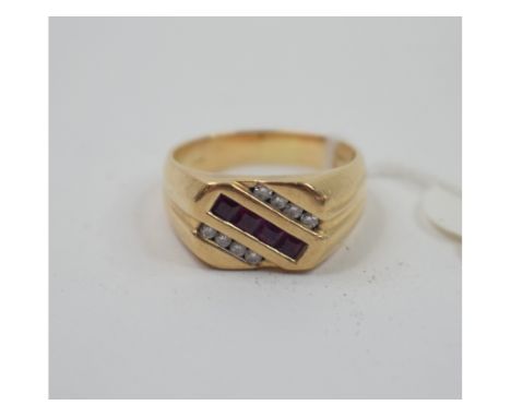 A gentleman's 14ct gold, ruby and diamond ring, approx. ring size X