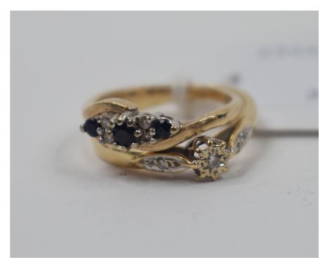 A 9ct gold, sapphire and diamond ring, approx. ring size K, and a 9ct gold and diamond ring, approx. ring size O (2)