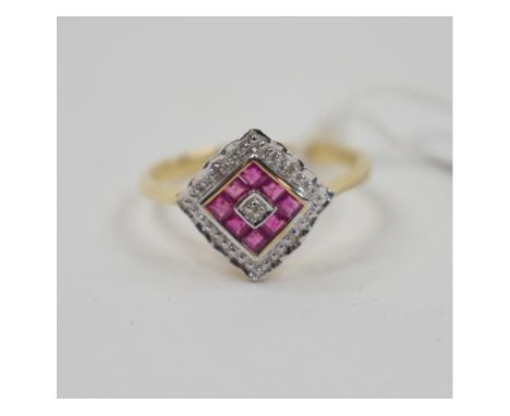 An Art Deco style 9ct yellow gold, ruby and diamond ring