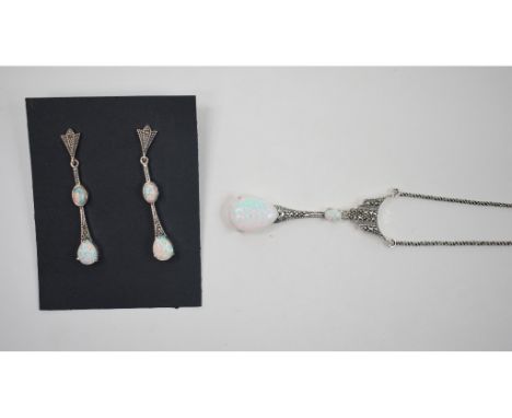 An Art Deco style silver, marcasite and Gilson opal necklace, with matching earrings