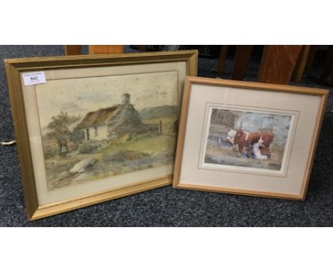 SYNDEY SCOTT (19th century) British, Woman Before a Farmstead, watercolour, together with NEIL WESTWOOD, Hereford Cattle, lim