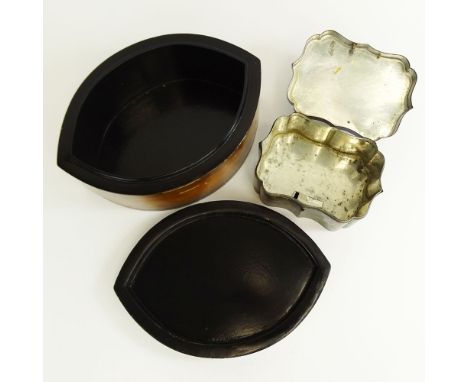 Vintage Toleware Tea Caddy and a Leather Covered Lacquered Box. Unsigned. Wear, scuffs. Tea Caddy measures 3-1/2" H x 6" W, t
