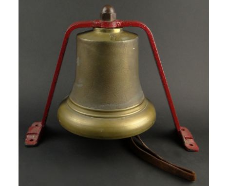 20th Century English Brass Fire Engine Bell with Iron Mounting Bracket. Marked with Impressed Crown and ER (Queen Elizabeth),