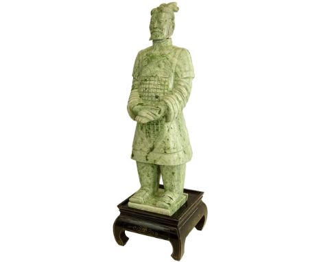 Large and Heavy Chinese Carved Jade Figure of A Man on Inlaid Wood Stand. Removable head. Unsigned. Figure measures 29" H, st