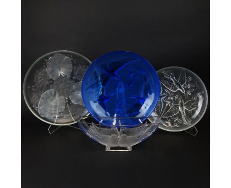 Lot of Four (4) Verlys Glass Item Including a deep blue Cormorant & Koi Charger, unsigned, 13-1/2", light scratches; frosted 