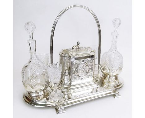 Fine Antique English Silverplate and Crystal Seven (7) Piece Decanter Set with Biscuit Box. Nicely cut and chased crystal. Th
