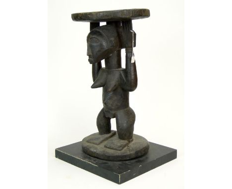 20th Century African Zaire Luba Hemba Tribe Carved Wood Chief's Stool on Stand. Unsigned. Splits and Losses to Wood Otherwise