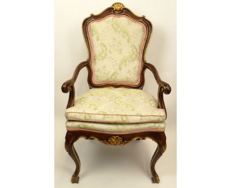 Vintage Karges Furniture Venetian style Carved and Parcel Gilt Open Arm Chair. Manufacturer's Label to Underside. Good Condit