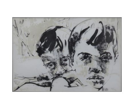 Moshe Gat, Israeli (b. 1935) Lithograph "Two Boys". Signed and numbered 97/150 in pencil. Good condition. Measures 18-1/2" x 
