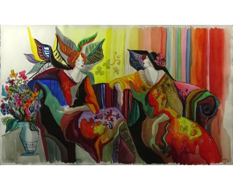 Contemporary 1980's Colorful Lithograph "Tea Time" In Custom Frame. Signed Patric. On Arches Paper. Full sheet measures 26 in