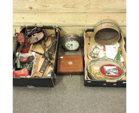 A collection of Meccano, together with a set of vintage iron scales, clocks and various other items