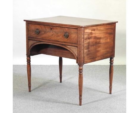 A George III mahogany sideboard, of small proportions, on ring turned legs91w x 66d x 89h cm