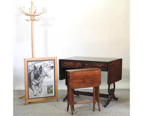 A reproduction mahogany sofa table, together with an Edwardian sutherland table, a bentwood hat stand and a screen (4)sofa ta