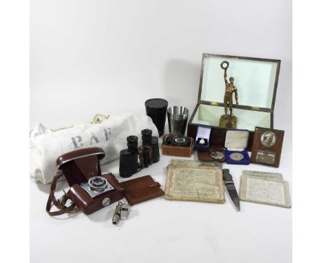 A collection of Boys Brigade memorabilia, in a wooden box, together with a vintage RAF kit bag, to include a whistle, compass