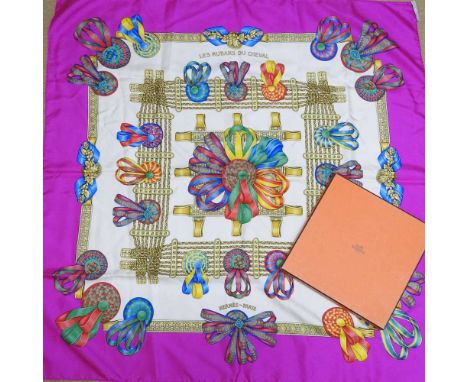 An Hermes silk scarf, Les Rubans du Cheval, boxedCondition report: Overall condition looks to be complete, although it is cre