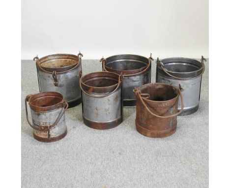 A set of three vintage style metal milk buckets, together with another set of three (6)Largest 38cm diameter