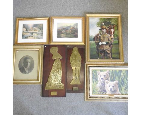 H Sharpe, 20th century, portrait, oil on canvas, 75 x 49cm, together with various prints and brass plaques (7)