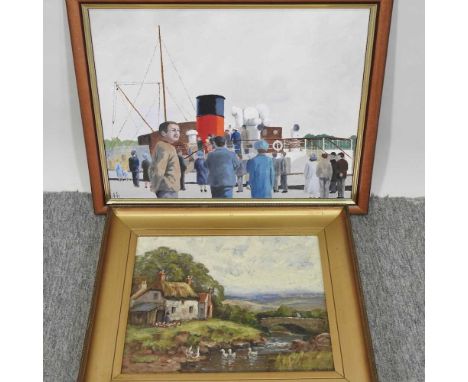 W. R. Adam, early 20th century, Feeding Time outside country cottage, together with John Johnson, 20th century, Landing Stage