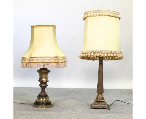 A brass table lamp and shade, in the form of a column, 84cm high overall, together with another (2)