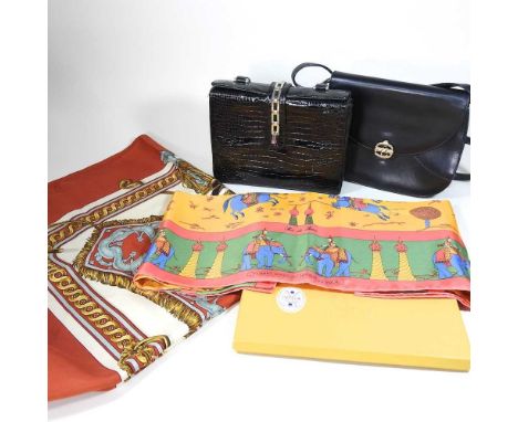 A Vintage Projectif scarf, Femmes Hindoues Jouant au Polo, boxed, together with a ladies scarf, printed Hermes, Bride de Cour
